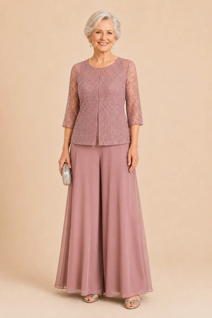 Completo Con Pantaloni Culotte In Pizzo Perlinato E Sovrapposizione In Chiffon