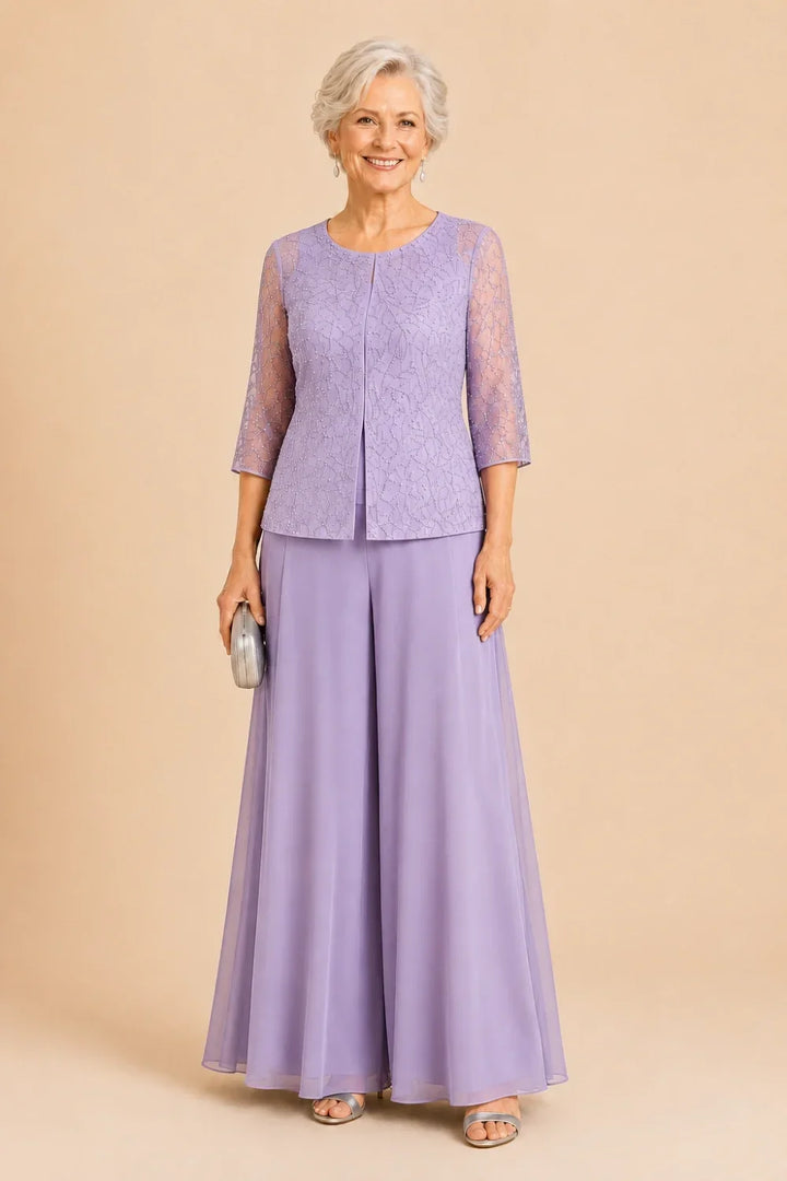 Completo Con Pantaloni Culotte In Pizzo Perlinato E Sovrapposizione In Chiffon