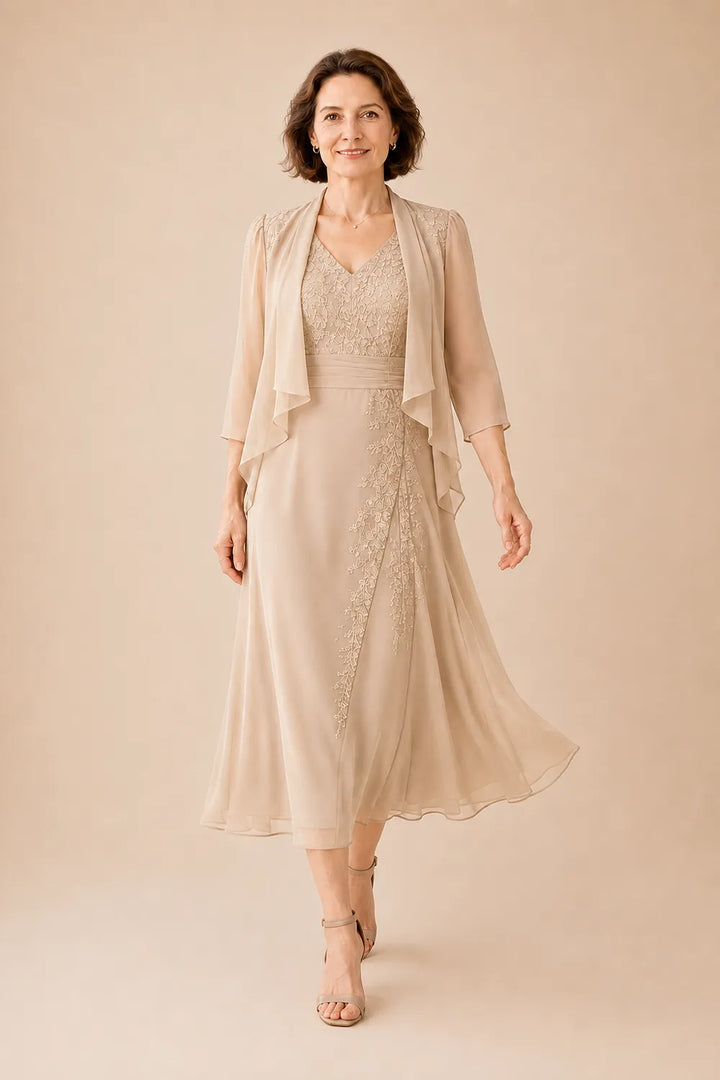 Abito Midi In Chiffon Con Scollo A V E Dettaglio In Pizzo