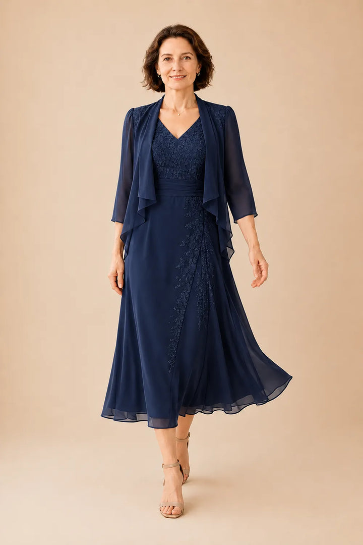 Abito Midi In Chiffon Con Scollo A V E Dettaglio In Pizzo