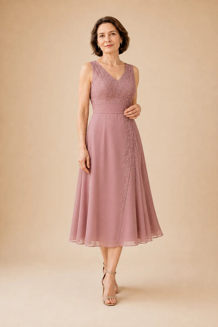 Abito Midi In Chiffon Con Scollo A V E Dettaglio In Pizzo