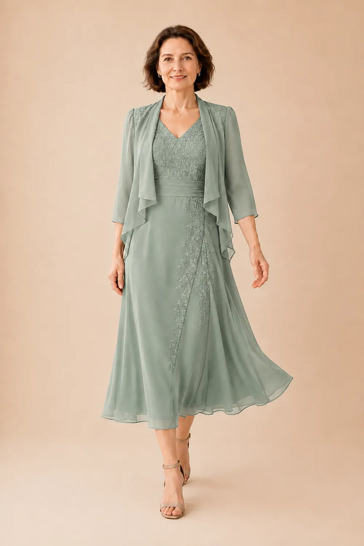 Abito Midi In Chiffon Con Scollo A V E Dettaglio In Pizzo