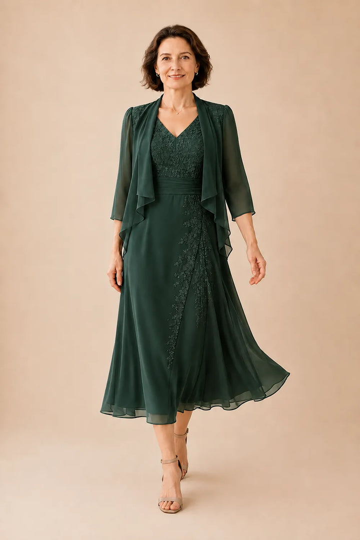 Abito Midi In Chiffon Con Scollo A V E Dettaglio In Pizzo