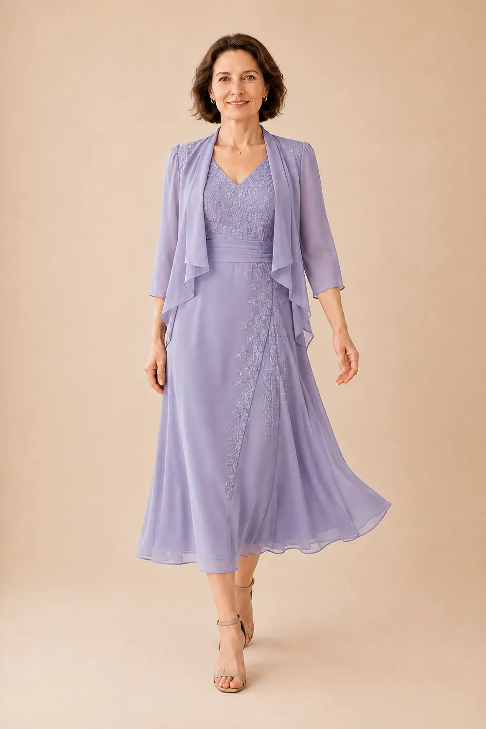 Abito Midi In Chiffon Con Scollo A V E Dettaglio In Pizzo