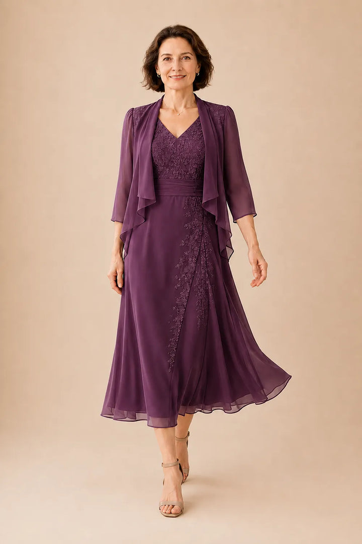 Abito Midi In Chiffon Con Scollo A V E Dettaglio In Pizzo
