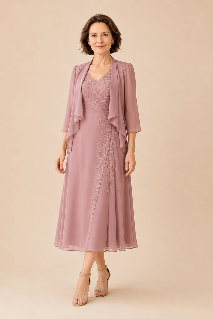 Abito Midi In Chiffon Con Scollo A V E Dettaglio In Pizzo