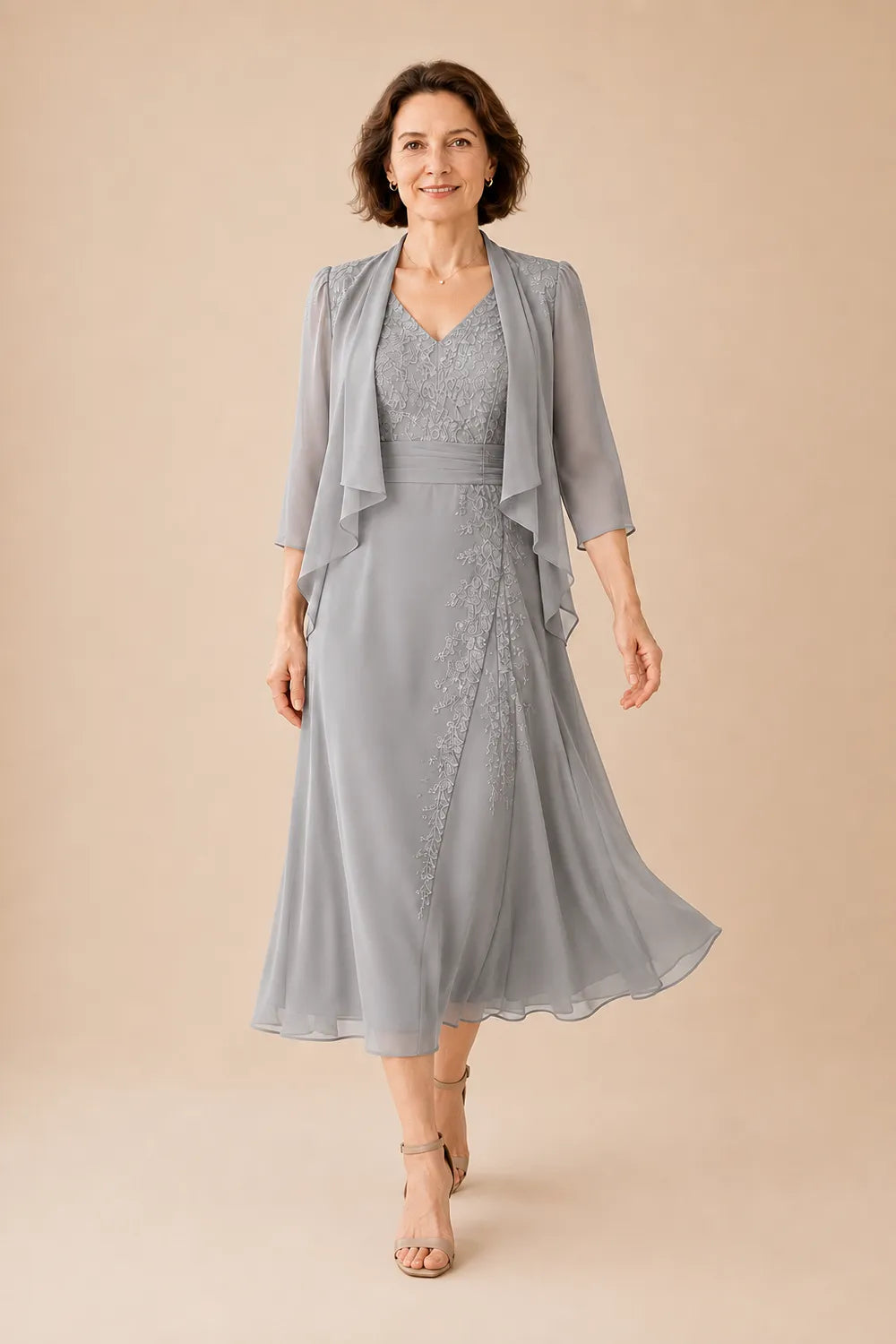 Abito Midi In Chiffon Con Scollo A V E Dettaglio In Pizzo