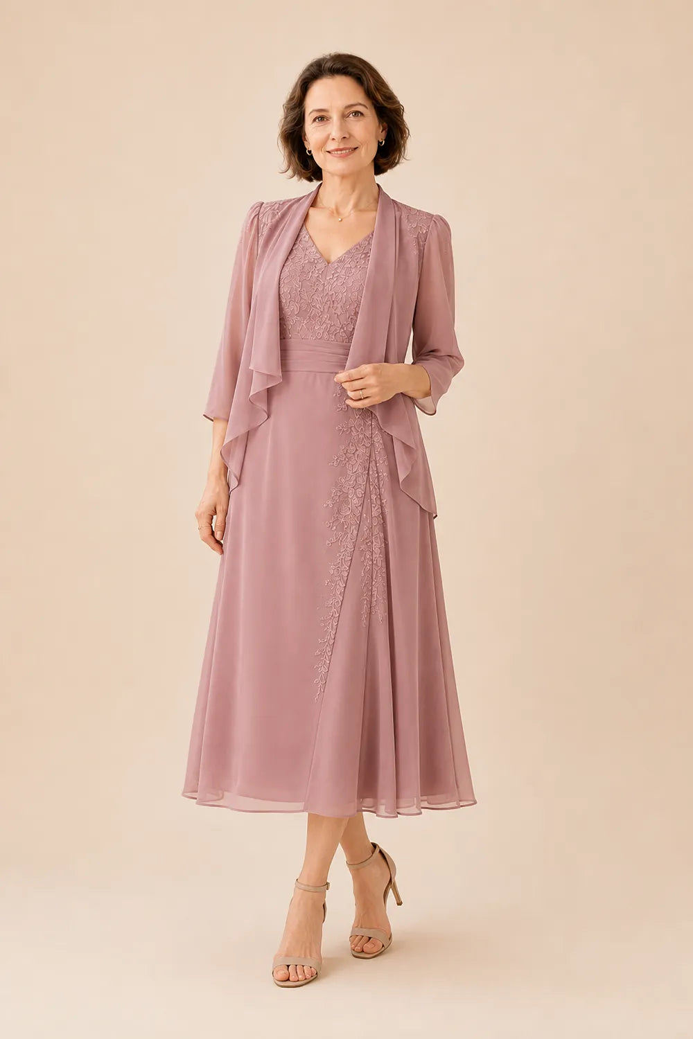 Abito Midi In Chiffon Con Scollo A V E Dettaglio In Pizzo