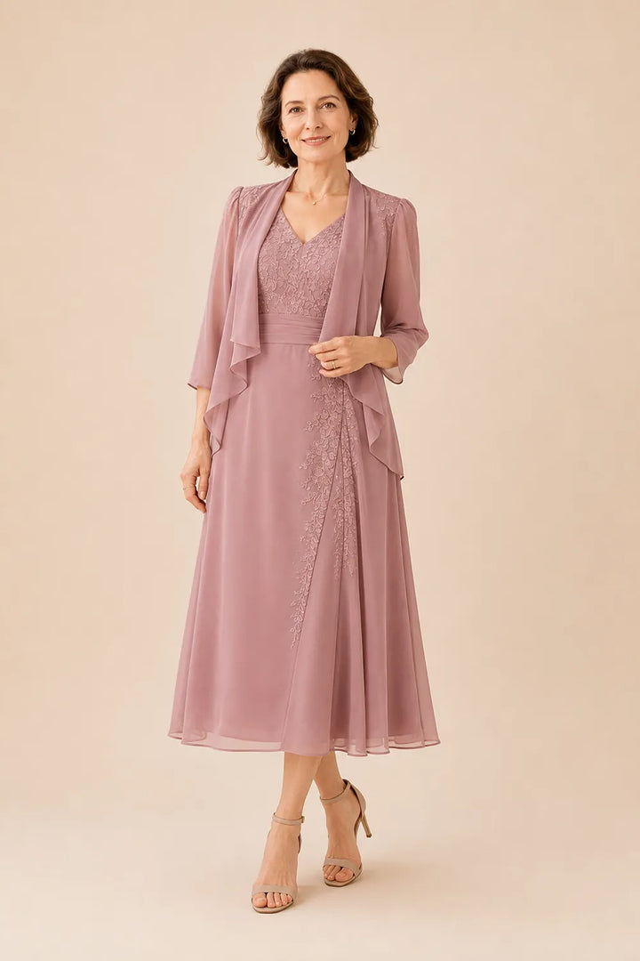 Abito Midi In Chiffon Con Scollo A V E Dettaglio In Pizzo