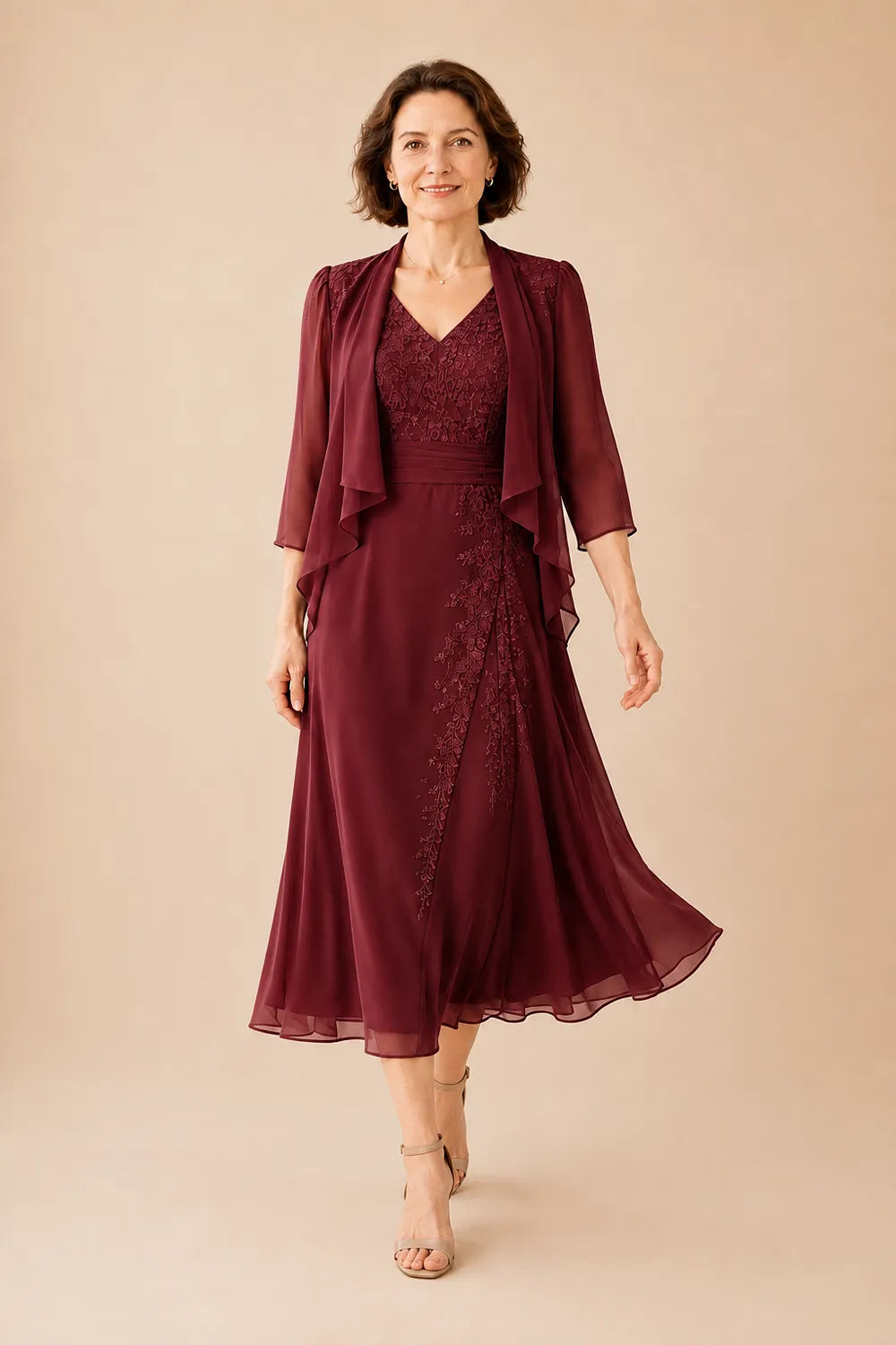 Abito Midi In Chiffon Con Scollo A V E Dettaglio In Pizzo