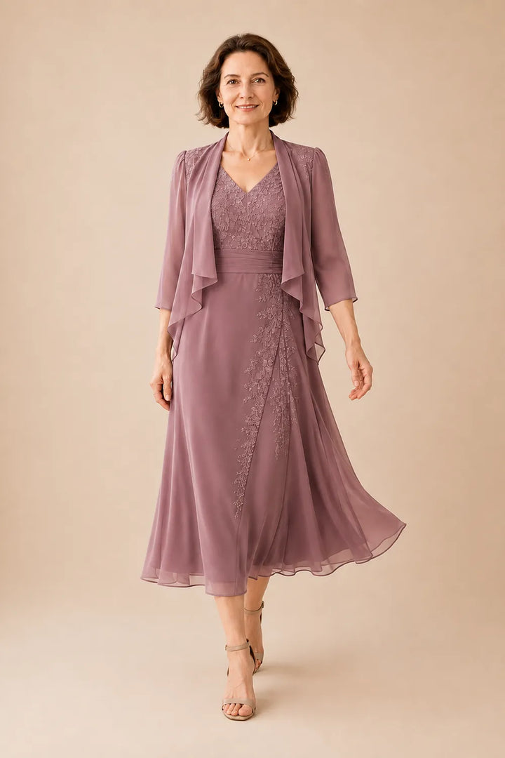 Abito Midi In Chiffon Con Scollo A V E Dettaglio In Pizzo