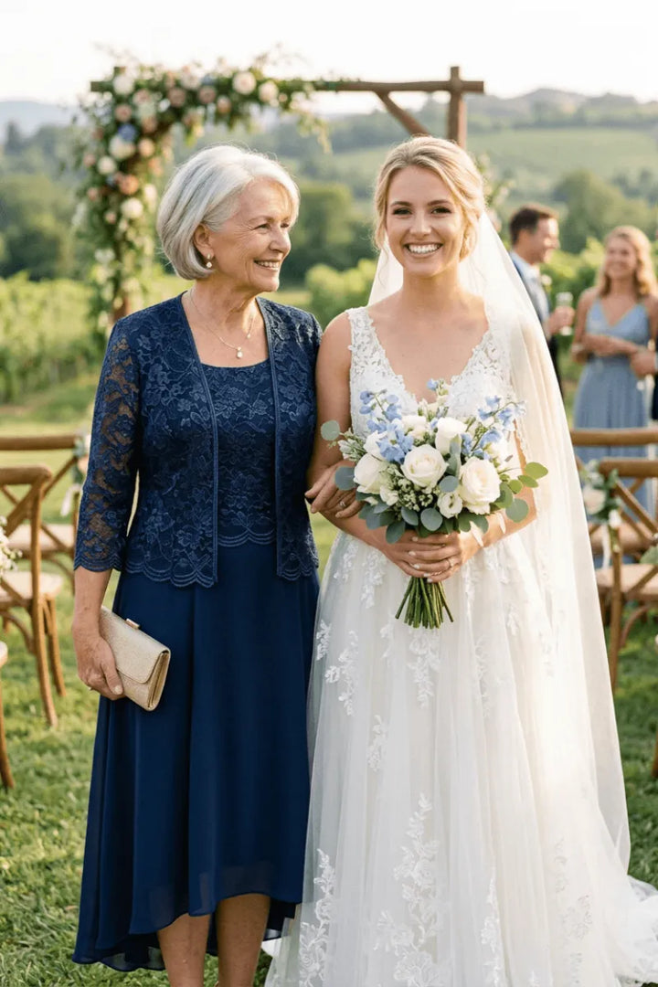 Elegante Abito Midi In Chiffon E Pizzo Da Invitata A Un Matrimonio Con Giacca