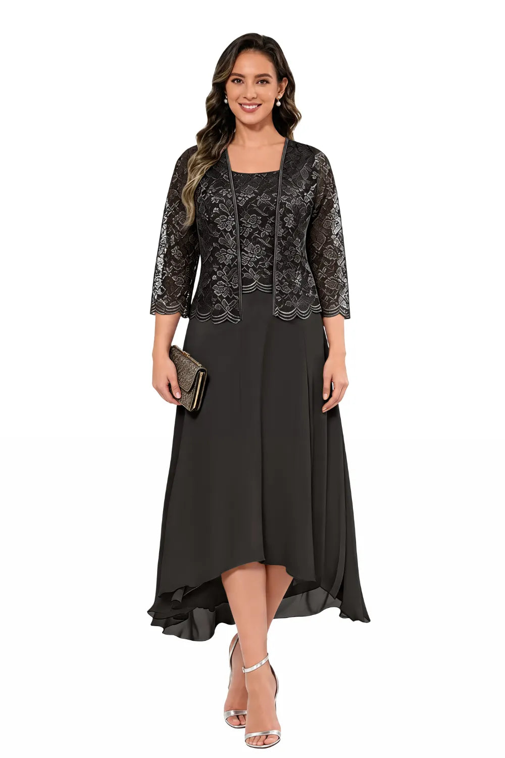 Elegante Abito Midi In Chiffon E Pizzo Da Invitata A Un Matrimonio Con Giacca