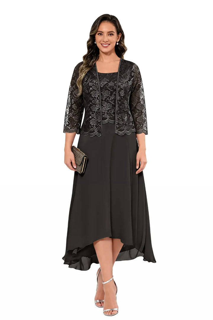 Elegante Abito Midi In Chiffon E Pizzo Da Invitata A Un Matrimonio Con Giacca