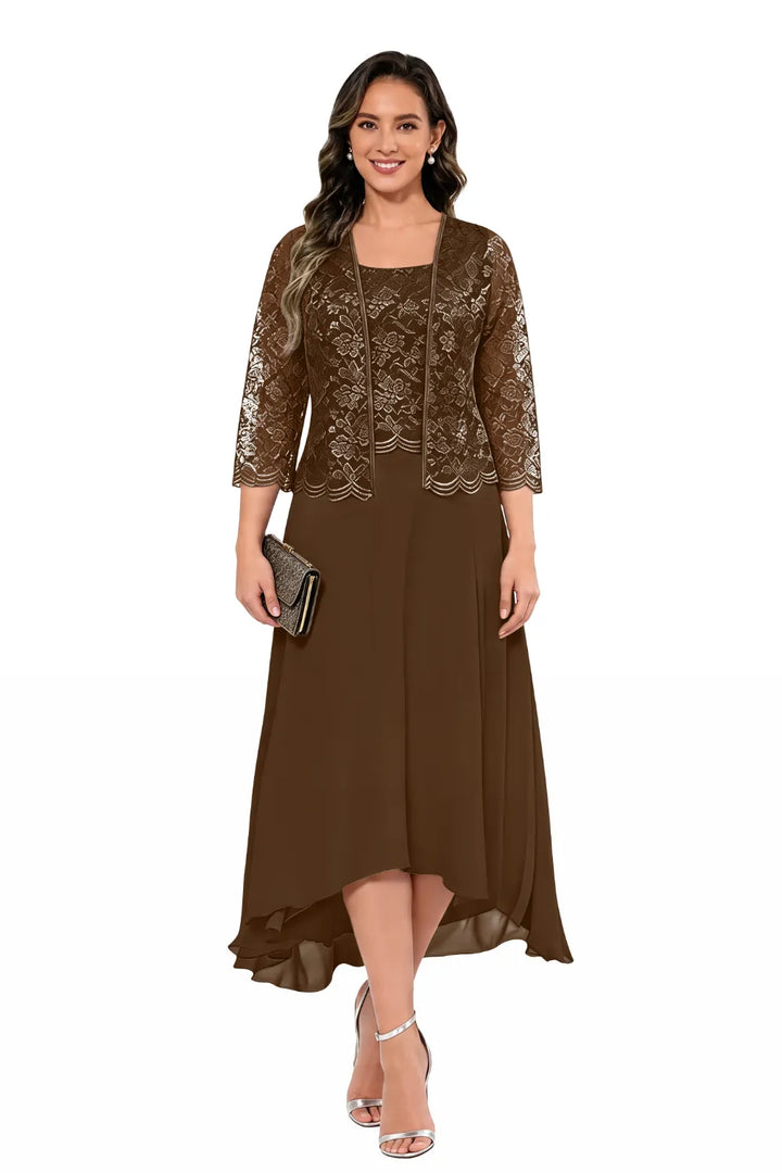 Elegante Abito Midi In Chiffon E Pizzo Da Invitata A Un Matrimonio Con Giacca
