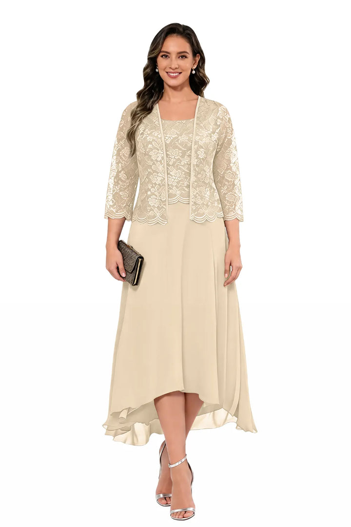 Elegante Abito Midi In Chiffon E Pizzo Da Invitata A Un Matrimonio Con Giacca