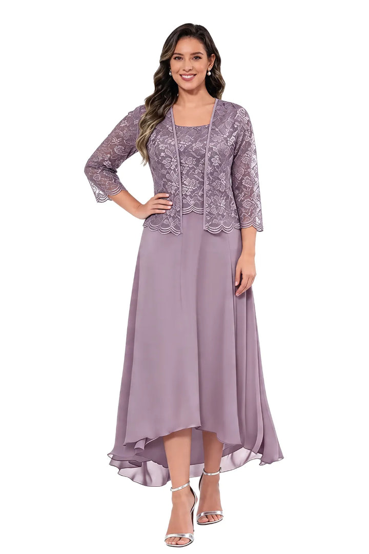 Elegante Abito Midi In Chiffon E Pizzo Da Invitata A Un Matrimonio Con Giacca