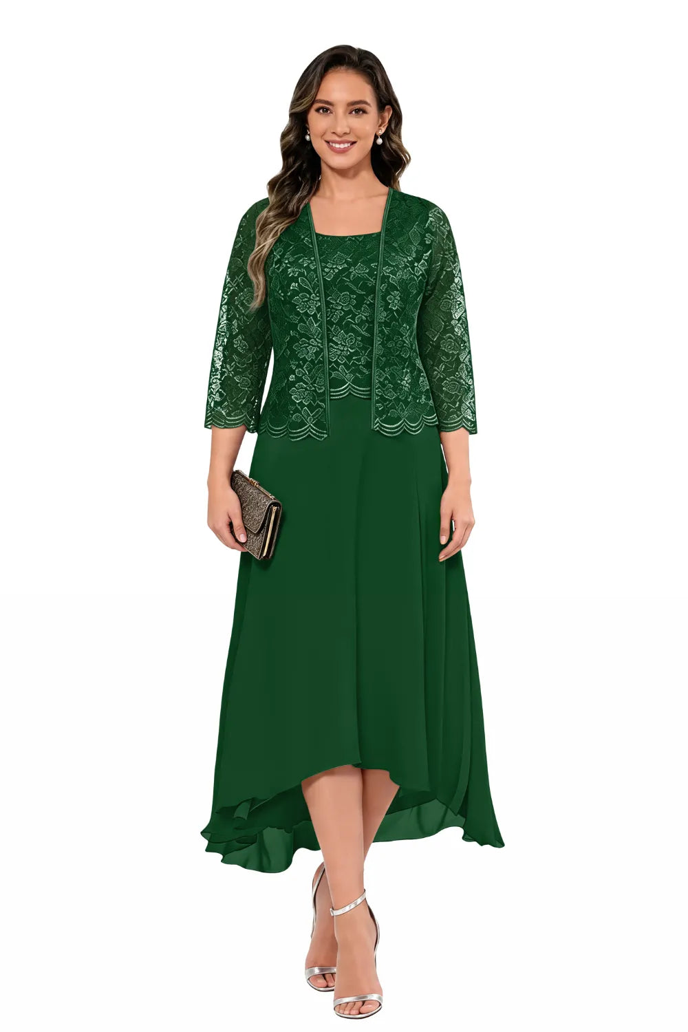 Elegante Abito Midi In Chiffon E Pizzo Da Invitata A Un Matrimonio Con Giacca