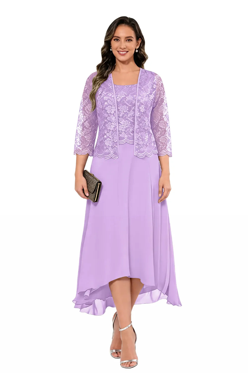 Elegante Abito Midi In Chiffon E Pizzo Da Invitata A Un Matrimonio Con Giacca