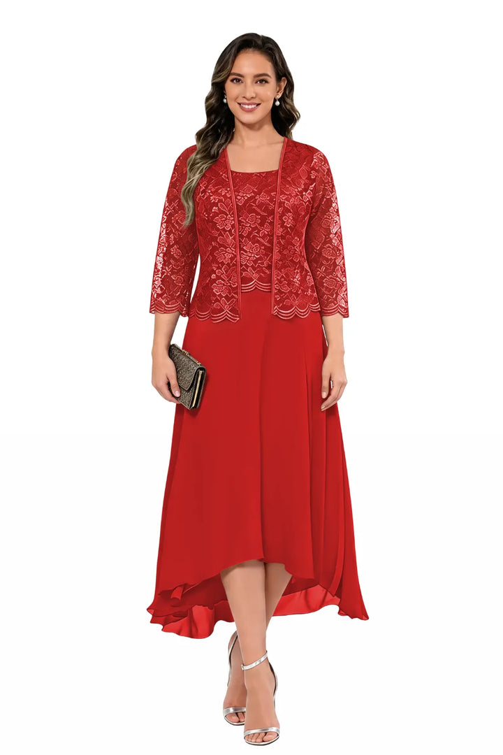 Elegante Abito Midi In Chiffon E Pizzo Da Invitata A Un Matrimonio Con Giacca