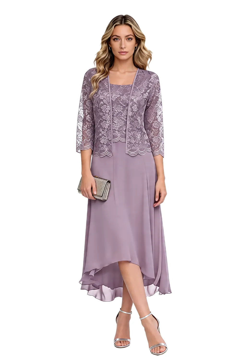 Elegante Abito Midi In Chiffon E Pizzo Da Invitata A Un Matrimonio Con Giacca