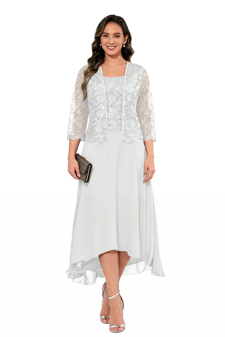 Elegante Abito Midi In Chiffon E Pizzo Da Invitata A Un Matrimonio Con Giacca