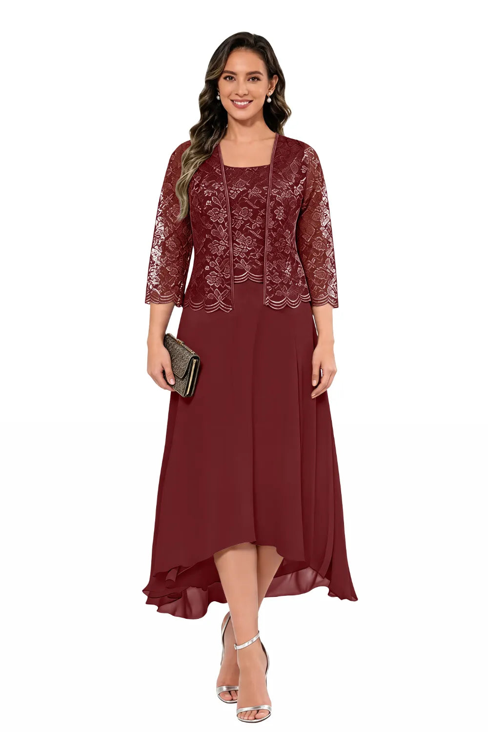 Elegante Abito Midi In Chiffon E Pizzo Da Invitata A Un Matrimonio Con Giacca