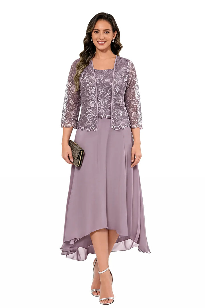 Elegante Abito Midi In Chiffon E Pizzo Da Invitata A Un Matrimonio Con Giacca