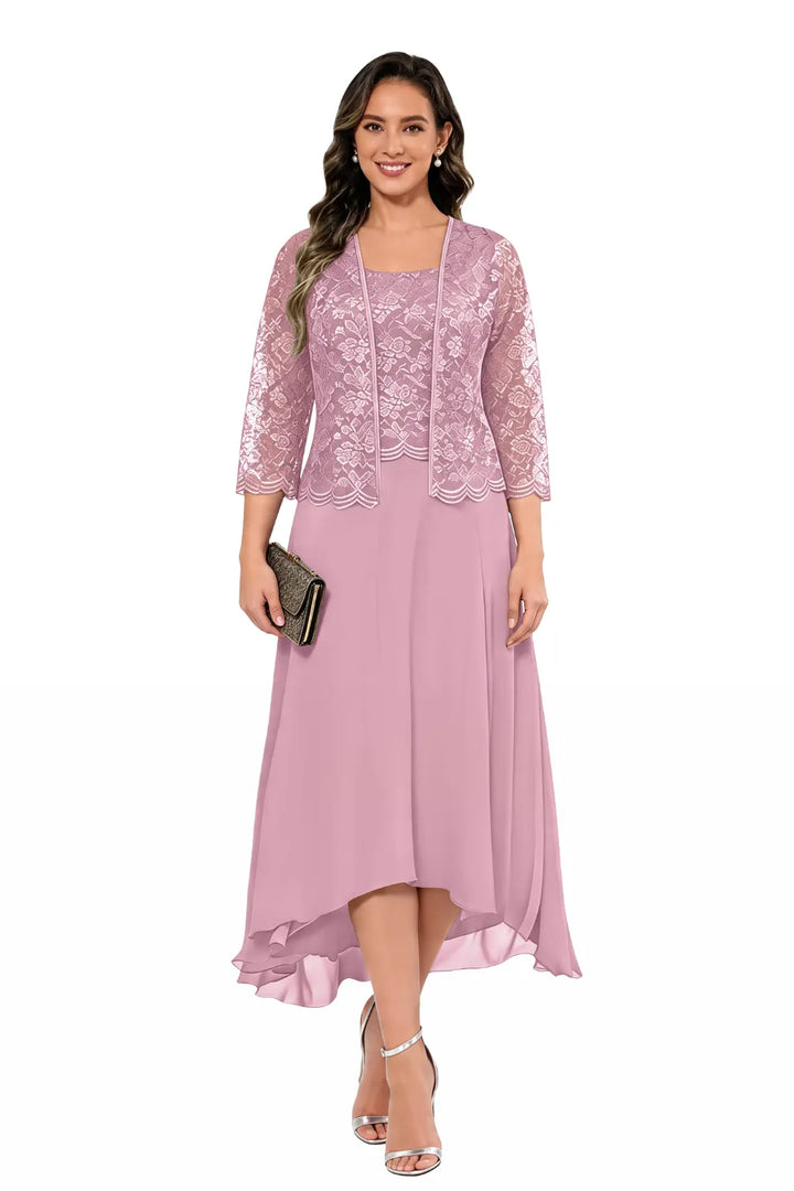 Elegante Abito Midi In Chiffon E Pizzo Da Invitata A Un Matrimonio Con Giacca