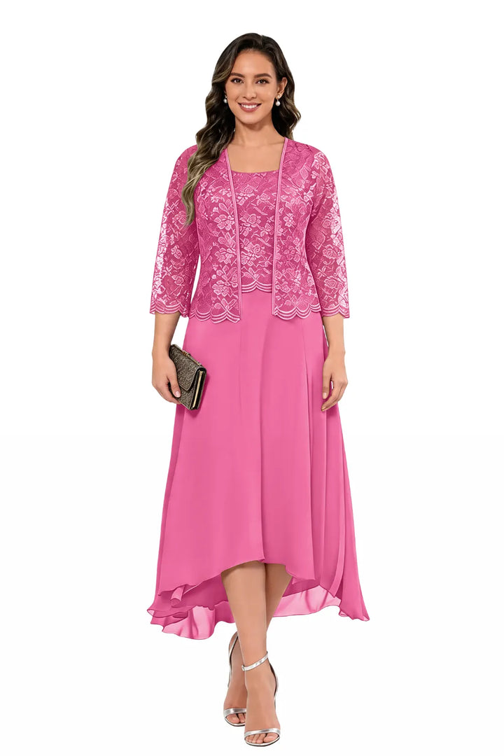 Elegante Abito Midi In Chiffon E Pizzo Da Invitata A Un Matrimonio Con Giacca