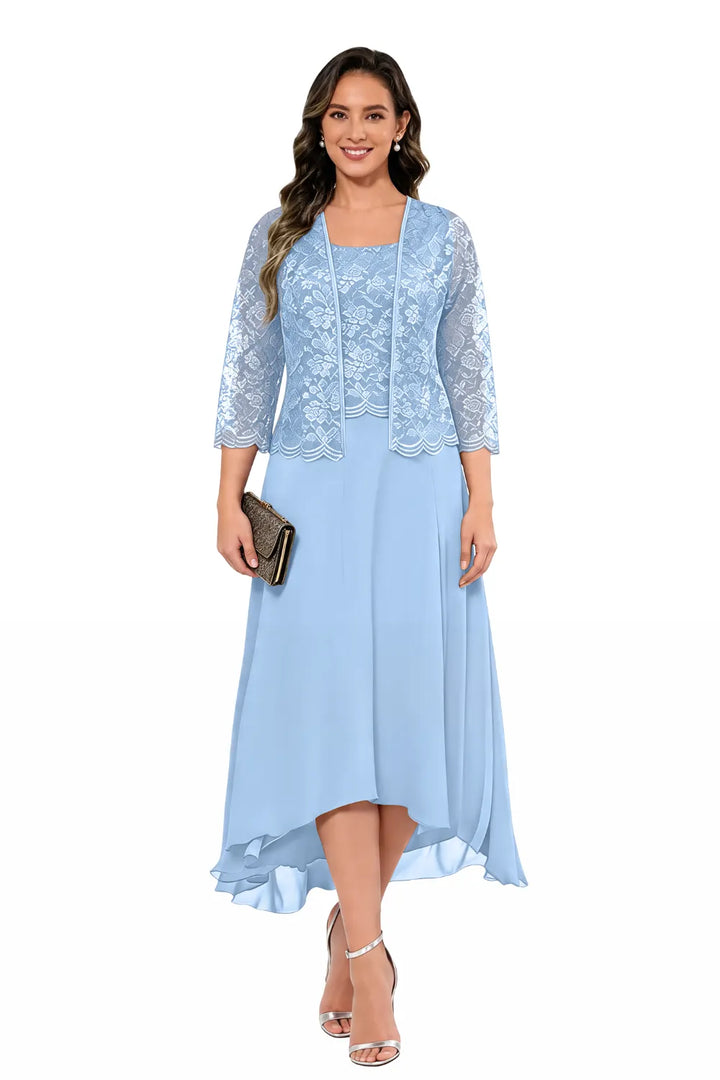Elegante Abito Midi In Chiffon E Pizzo Da Invitata A Un Matrimonio Con Giacca