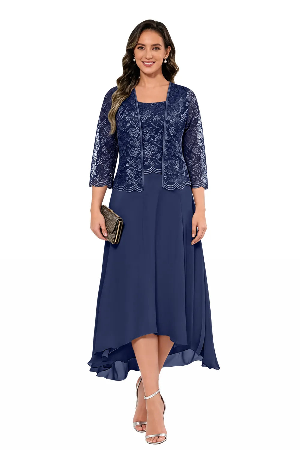 Elegante Abito Midi In Chiffon E Pizzo Da Invitata A Un Matrimonio Con Giacca