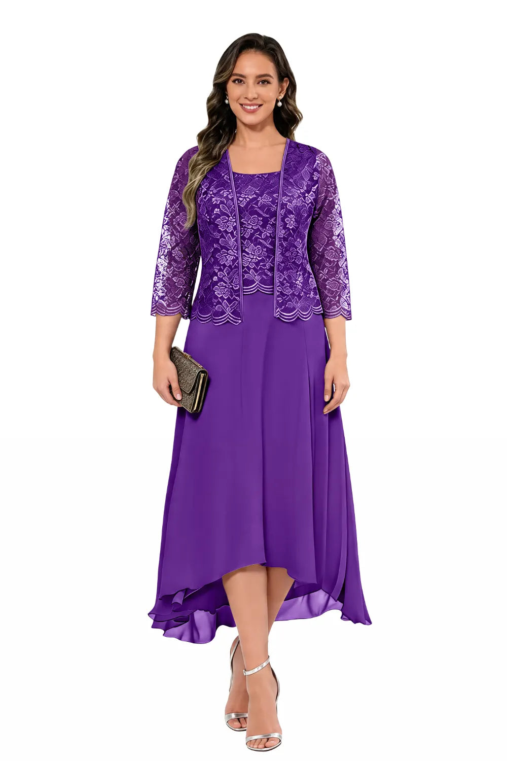 Elegante Abito Midi In Chiffon E Pizzo Da Invitata A Un Matrimonio Con Giacca