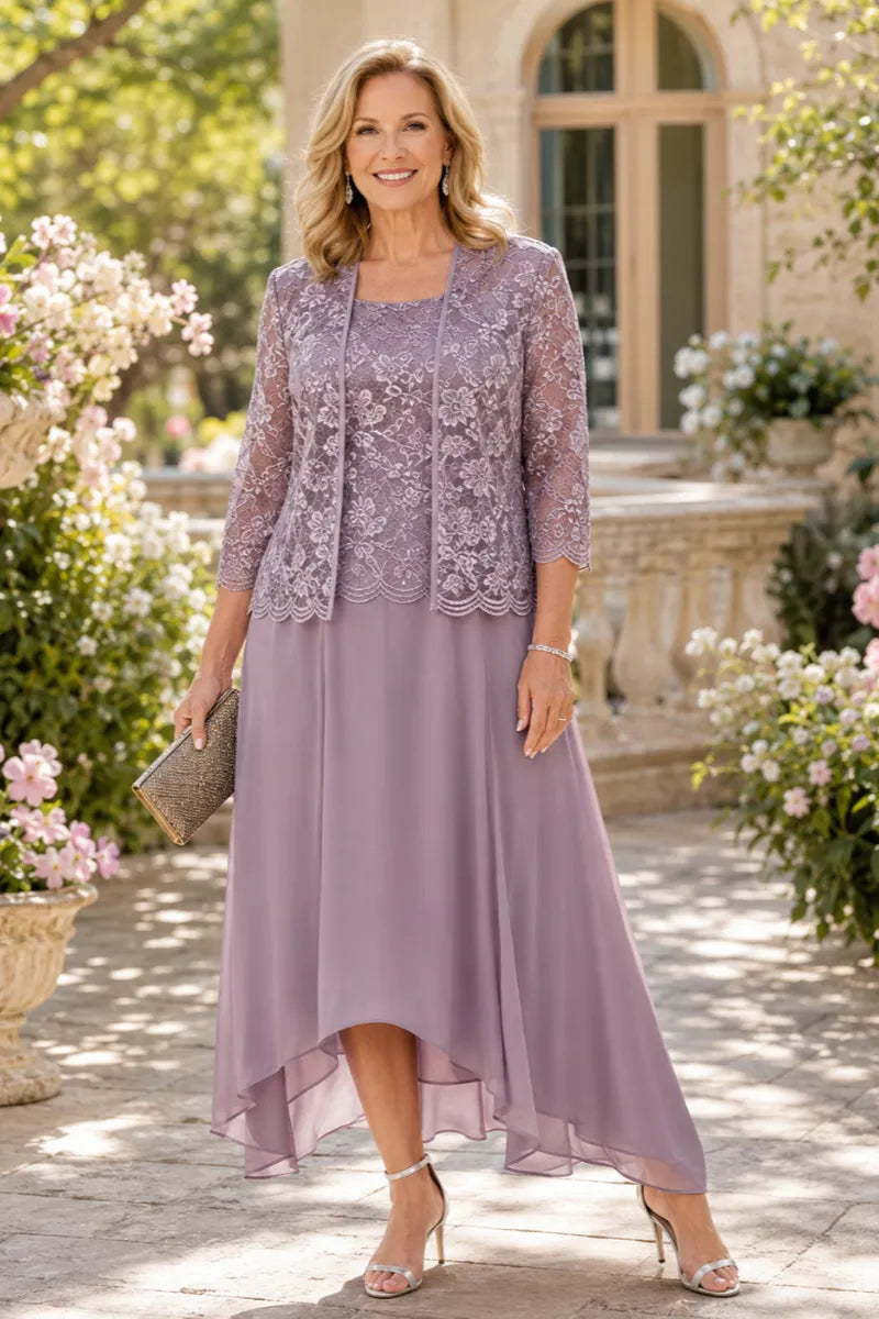 Elegante Abito Midi In Chiffon E Pizzo Da Invitata A Un Matrimonio Con Giacca