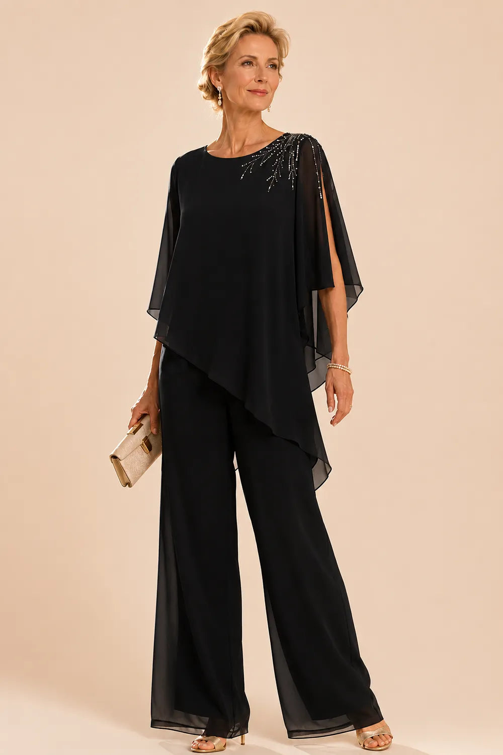Completo Con Pantaloni In Chiffon Impreziosito Per La Madre Della Sposa