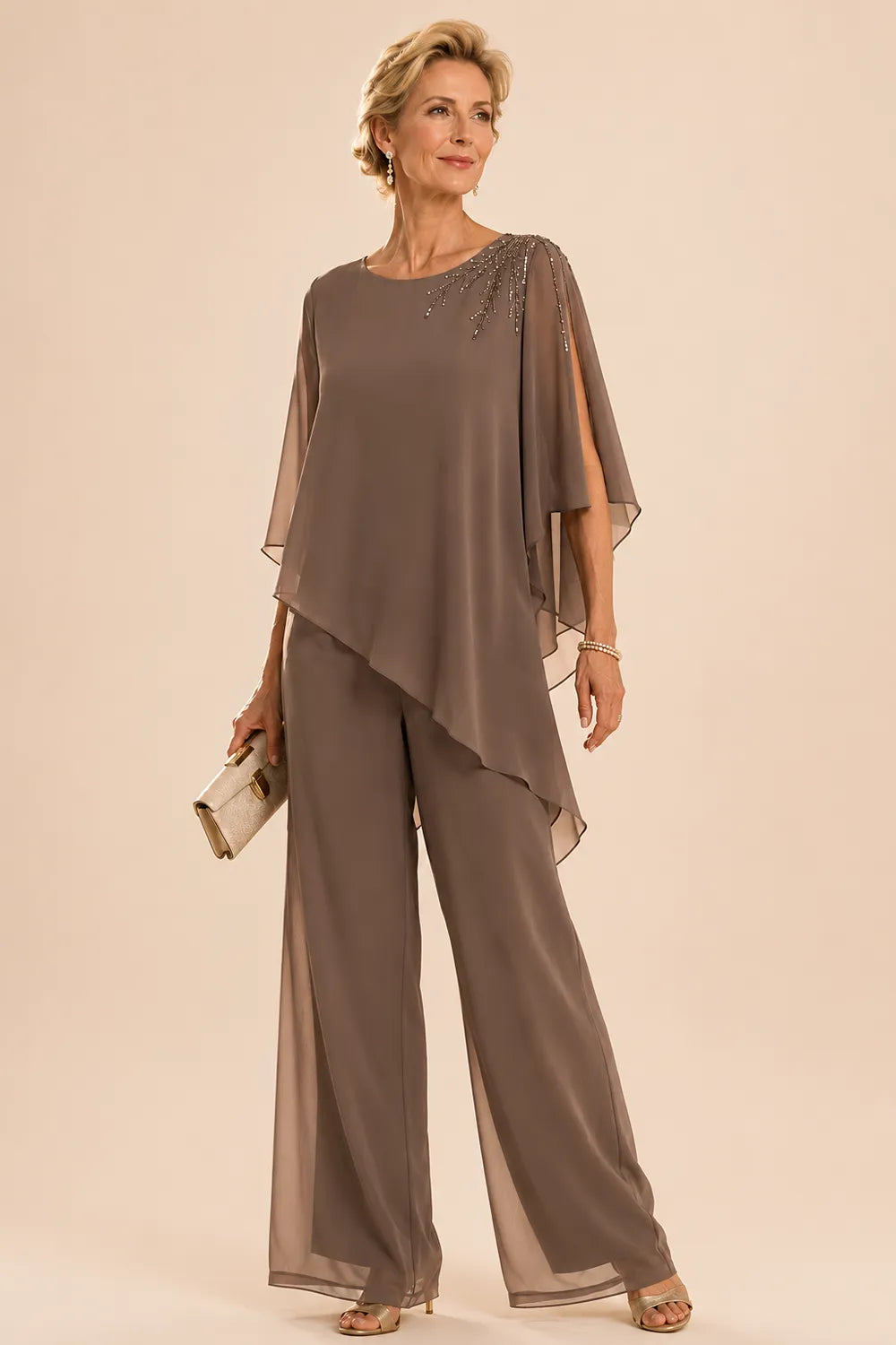 Completo Con Pantaloni In Chiffon Impreziosito Per La Madre Della Sposa