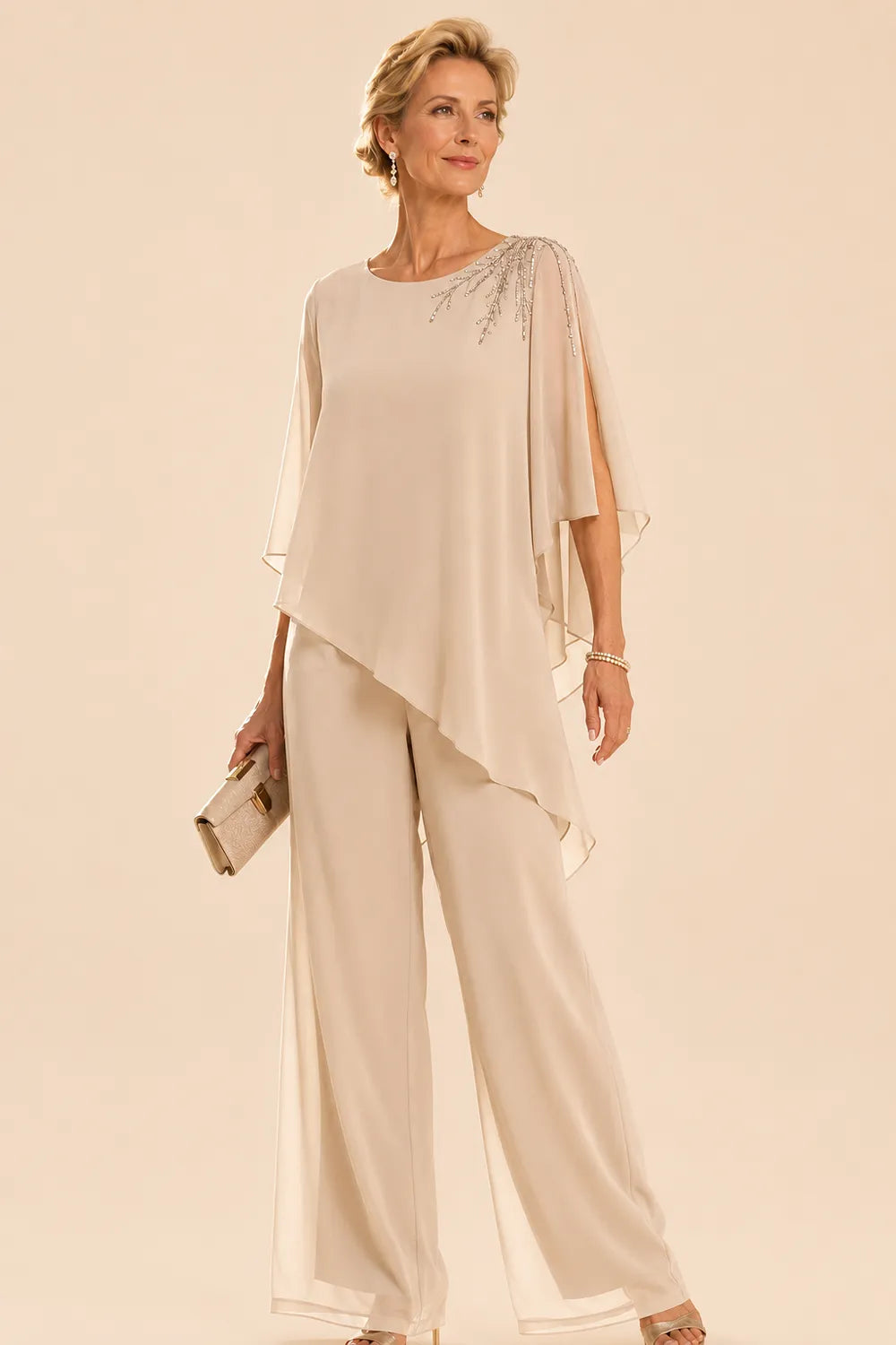 Completo Con Pantaloni In Chiffon Impreziosito Per La Madre Della Sposa
