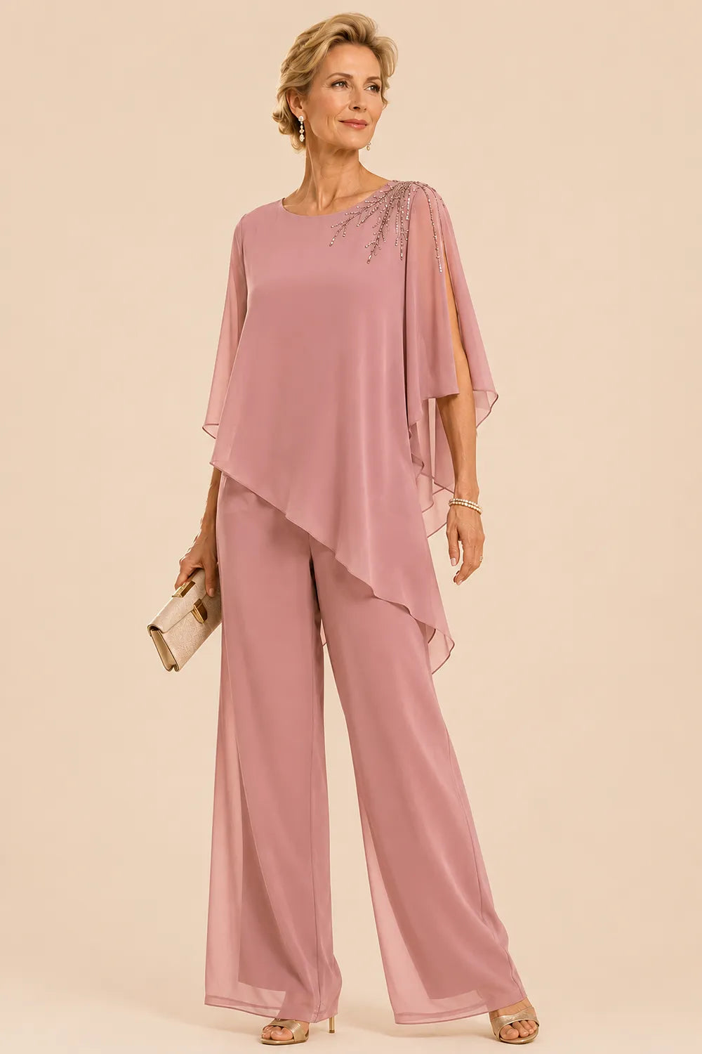 Completo Con Pantaloni In Chiffon Impreziosito Per La Madre Della Sposa