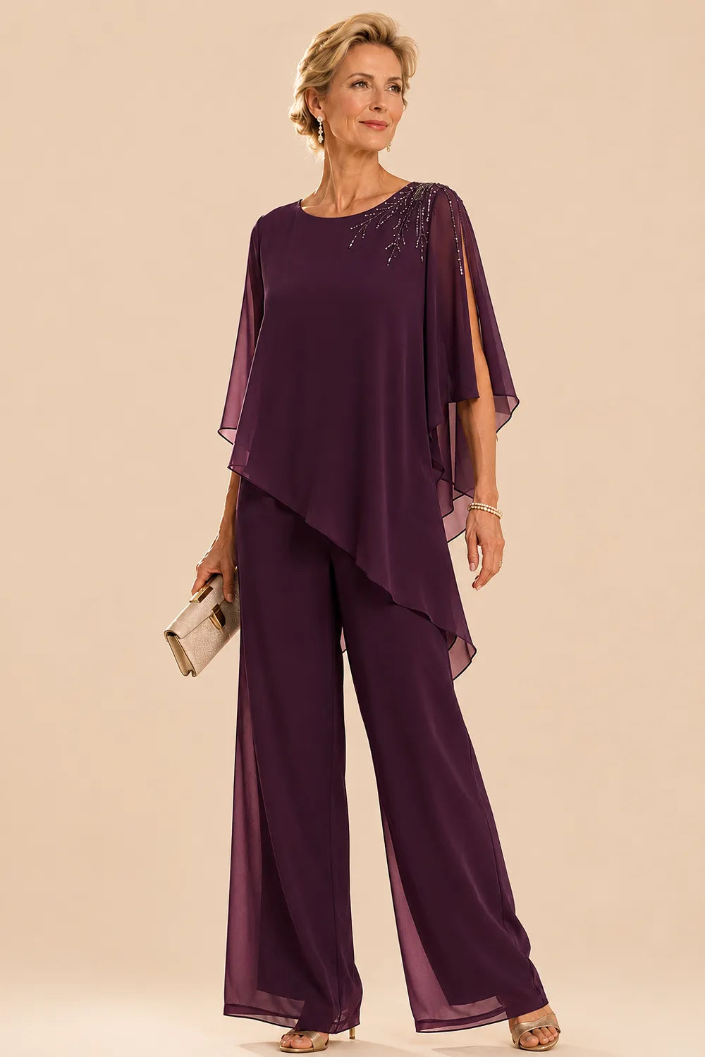 Completo Con Pantaloni In Chiffon Impreziosito Per La Madre Della Sposa