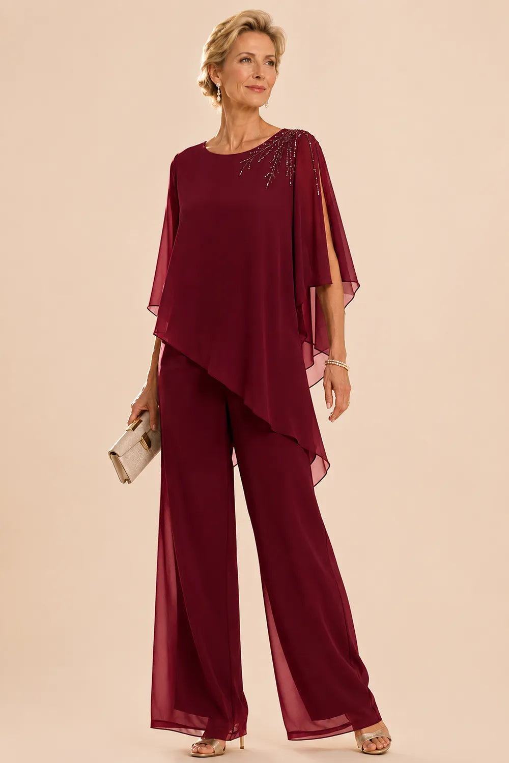 Completo Con Pantaloni In Chiffon Impreziosito Per La Madre Della Sposa