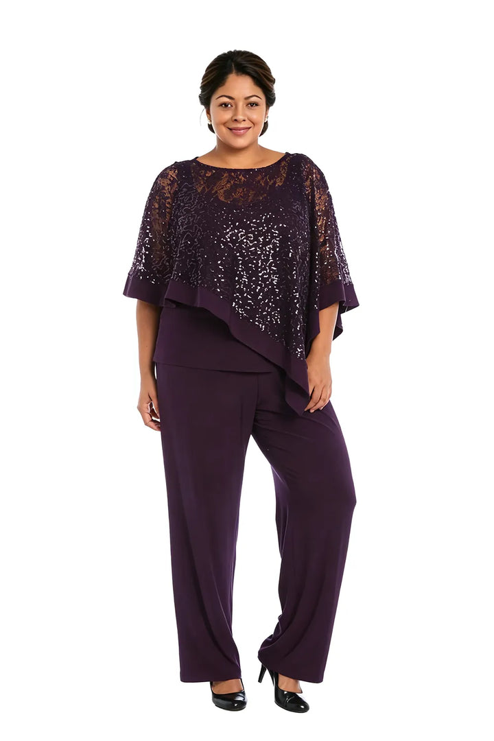 Completo Con Pantaloni E Mantella Di Paillettes Per La Madre Della Sposa In Taglie Forti
