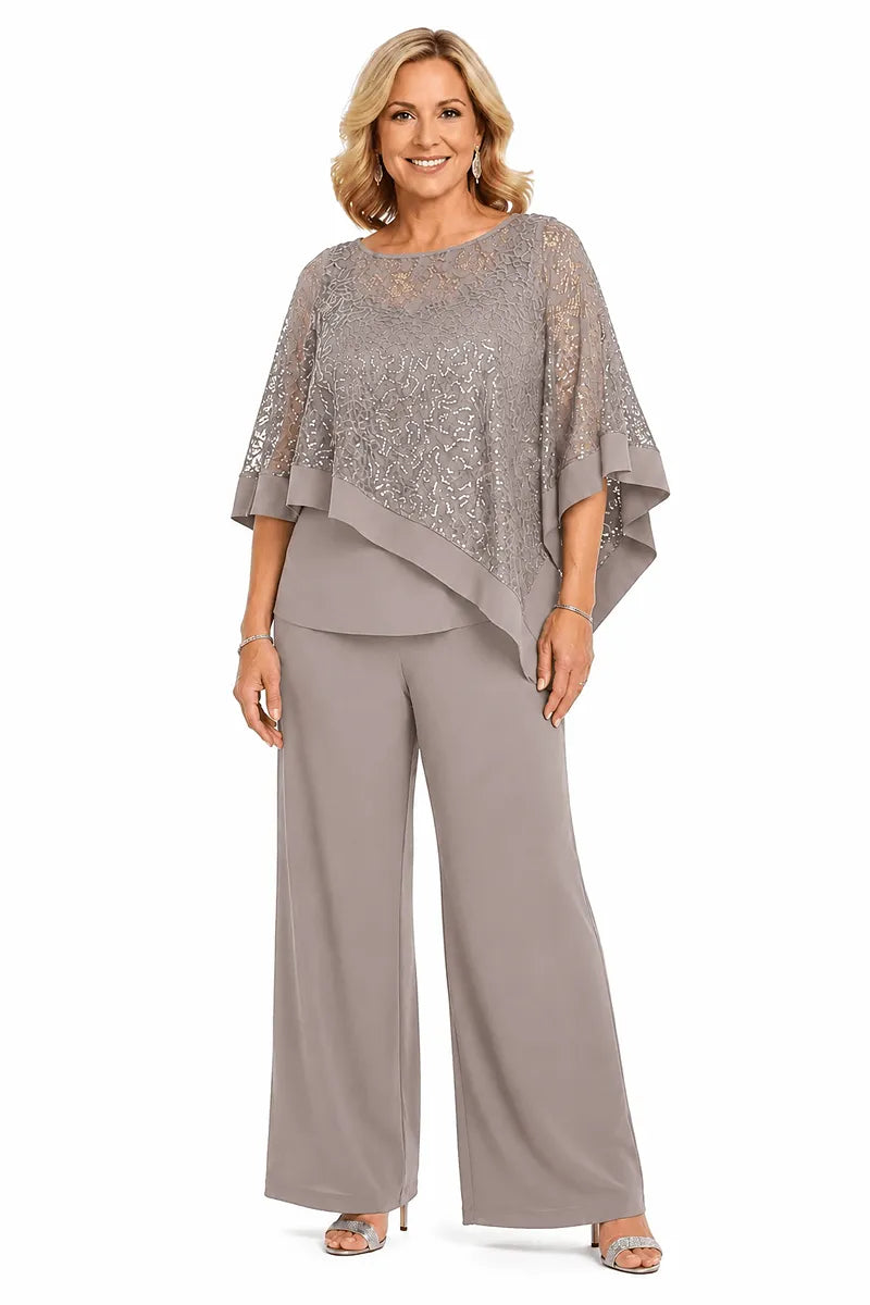 Completo Con Pantaloni E Mantella Di Paillettes Per La Madre Della Sposa In Taglie Forti