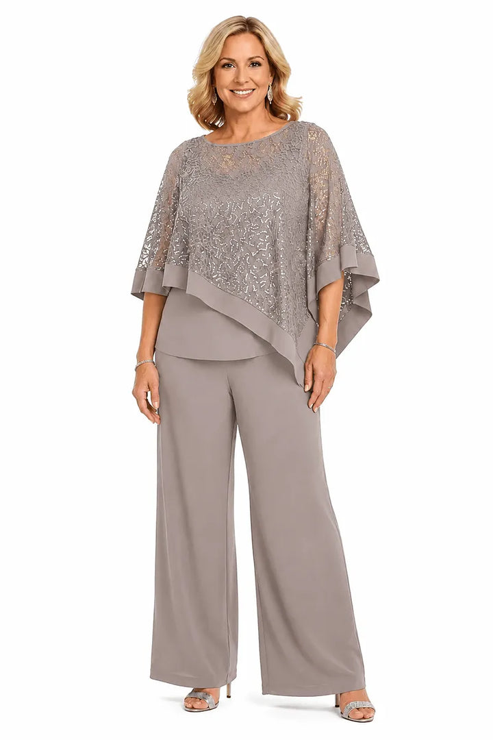 Completo Con Pantaloni E Mantella Di Paillettes Per La Madre Della Sposa In Taglie Forti