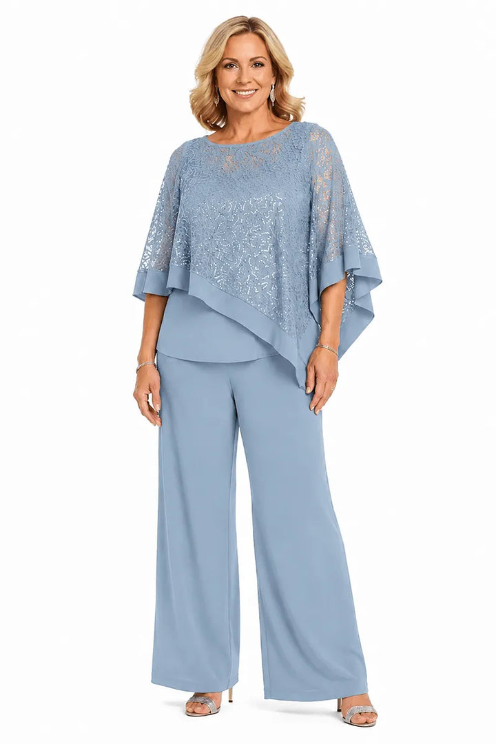 Completo Con Pantaloni E Mantella Di Paillettes Per La Madre Della Sposa In Taglie Forti