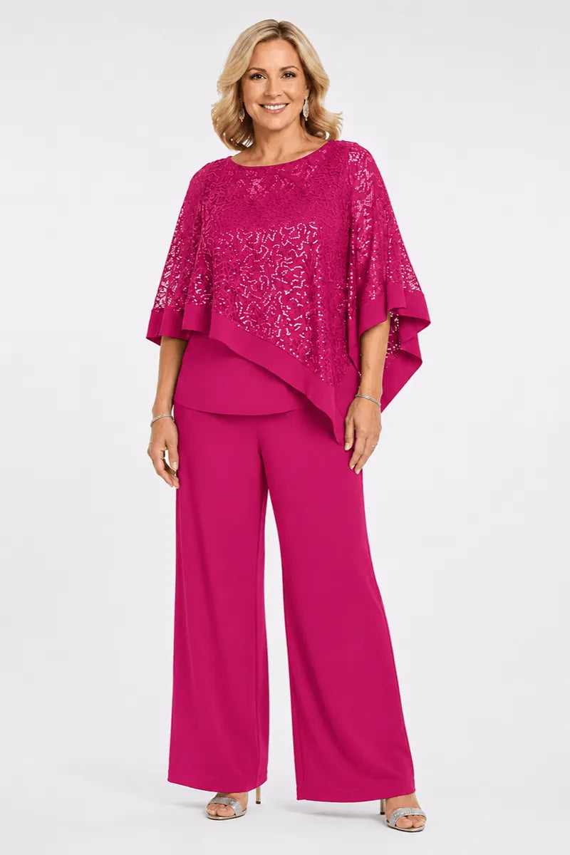 Completo Con Pantaloni E Mantella Di Paillettes Per La Madre Della Sposa In Taglie Forti