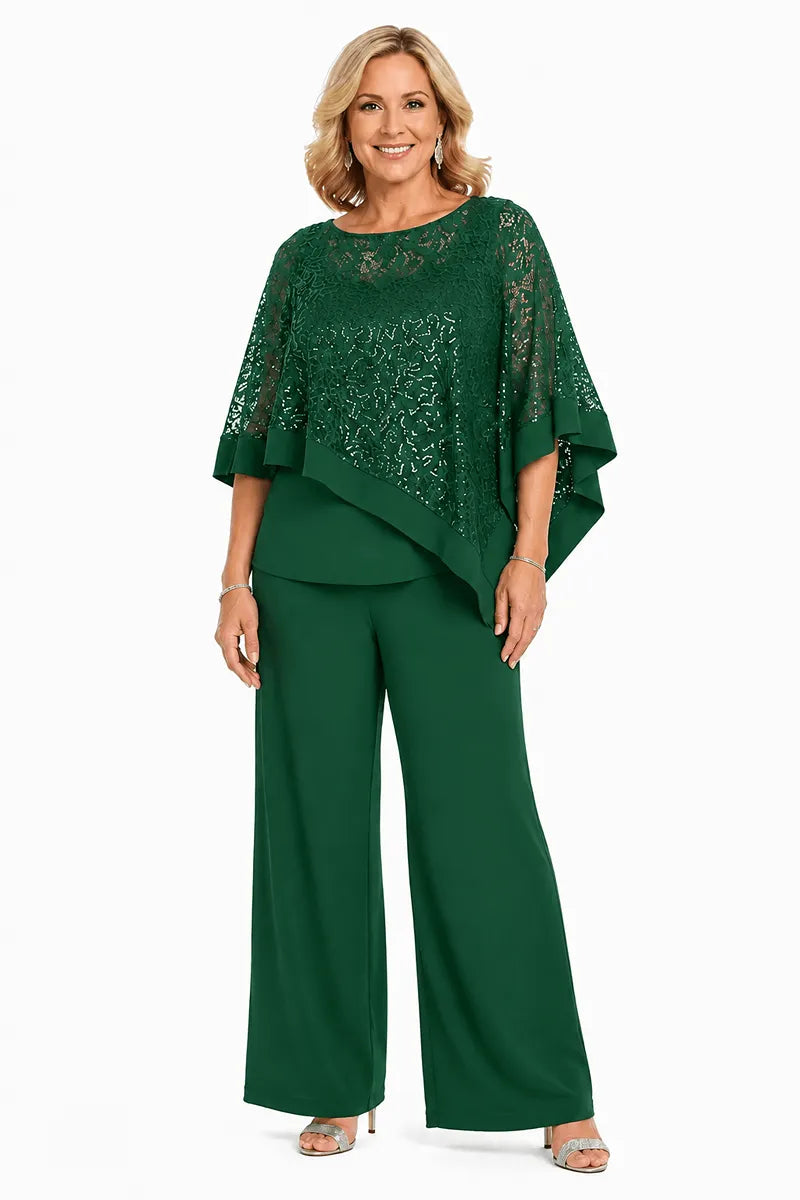 Completo Con Pantaloni E Mantella Di Paillettes Per La Madre Della Sposa In Taglie Forti