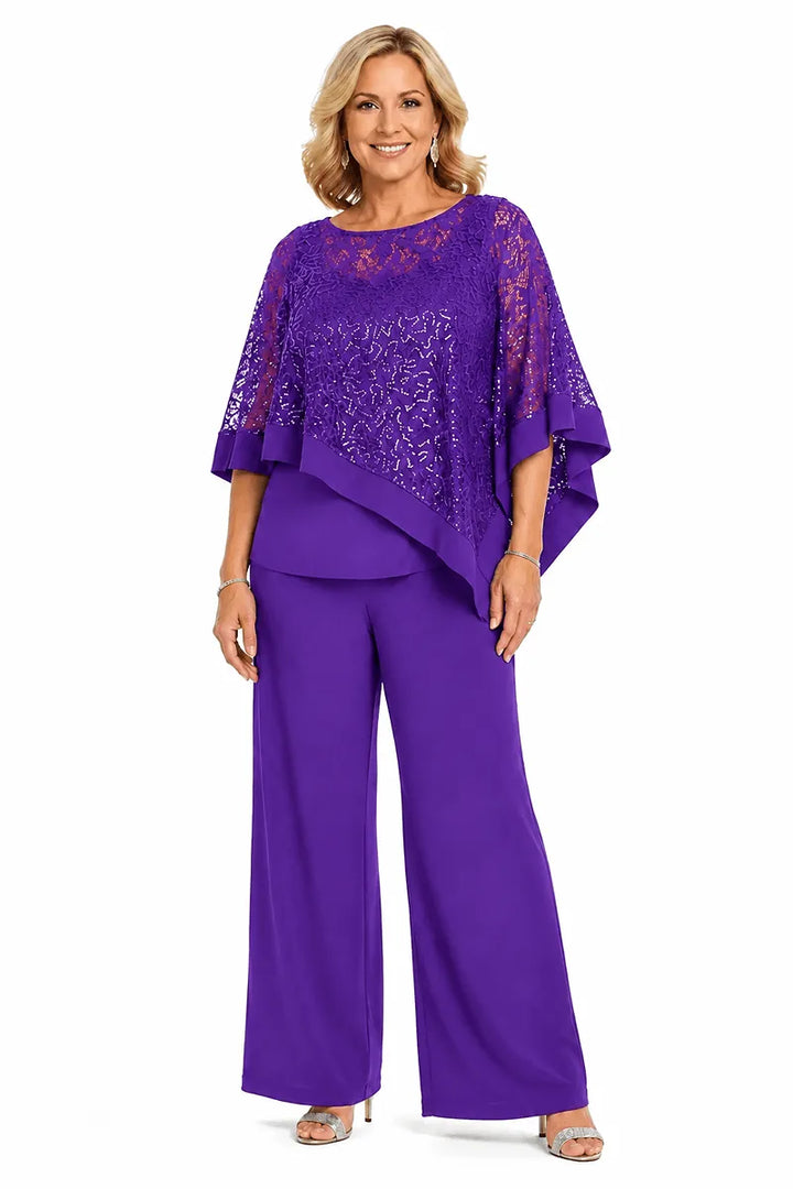 Completo Con Pantaloni E Mantella Di Paillettes Per La Madre Della Sposa In Taglie Forti