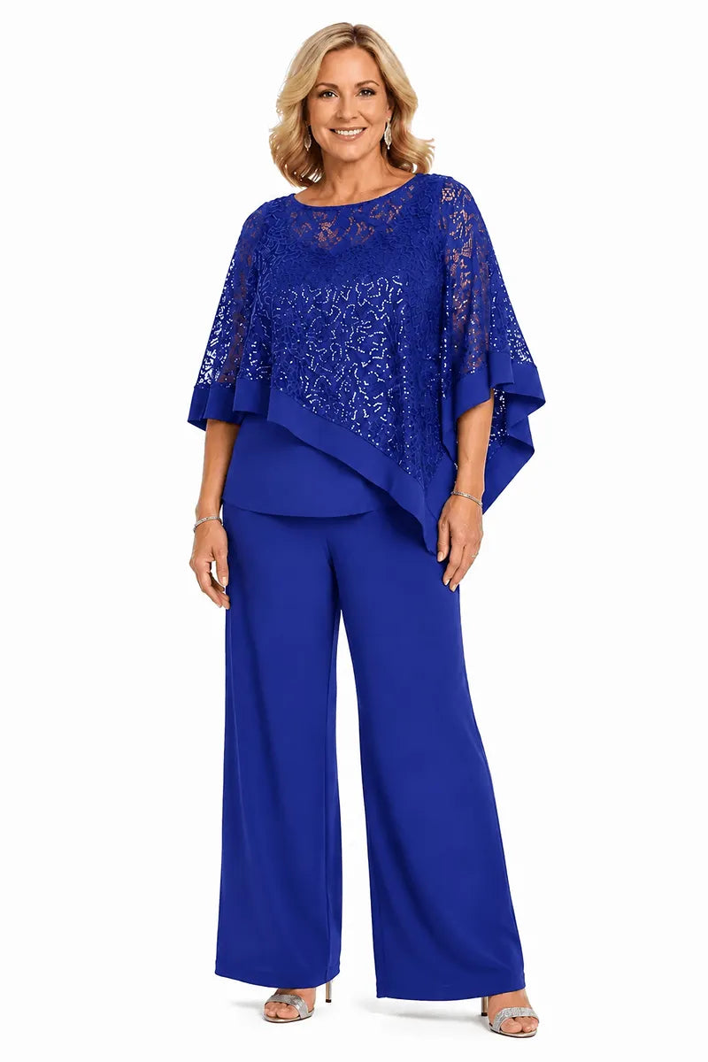 Completo Con Pantaloni E Mantella Di Paillettes Per La Madre Della Sposa In Taglie Forti