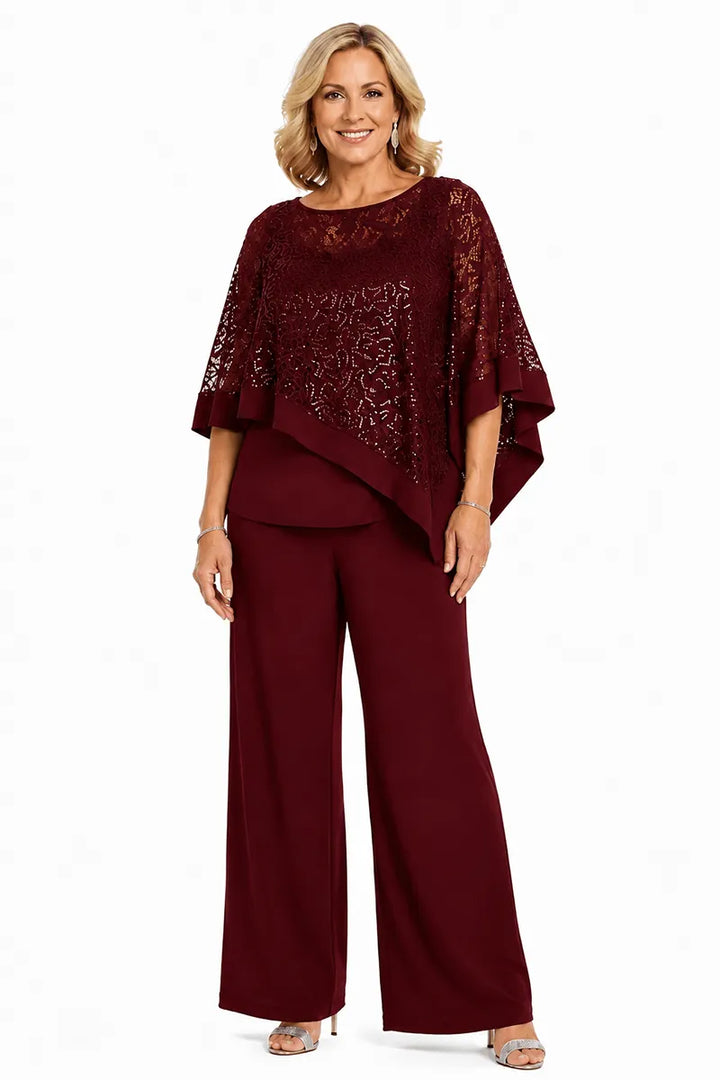 Completo Con Pantaloni E Mantella Di Paillettes Per La Madre Della Sposa In Taglie Forti