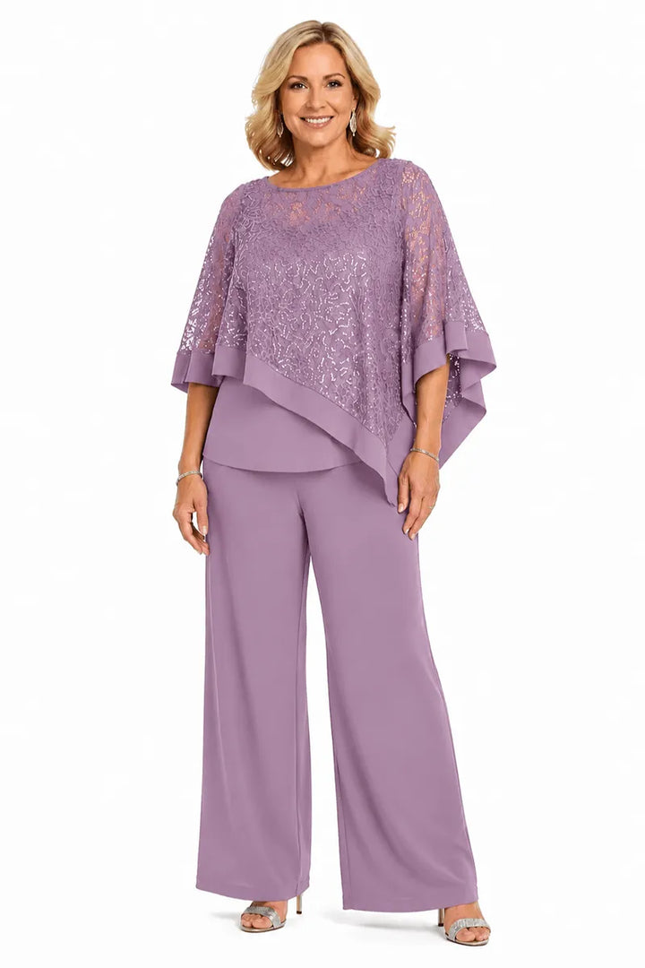 Completo Con Pantaloni E Mantella Di Paillettes Per La Madre Della Sposa In Taglie Forti